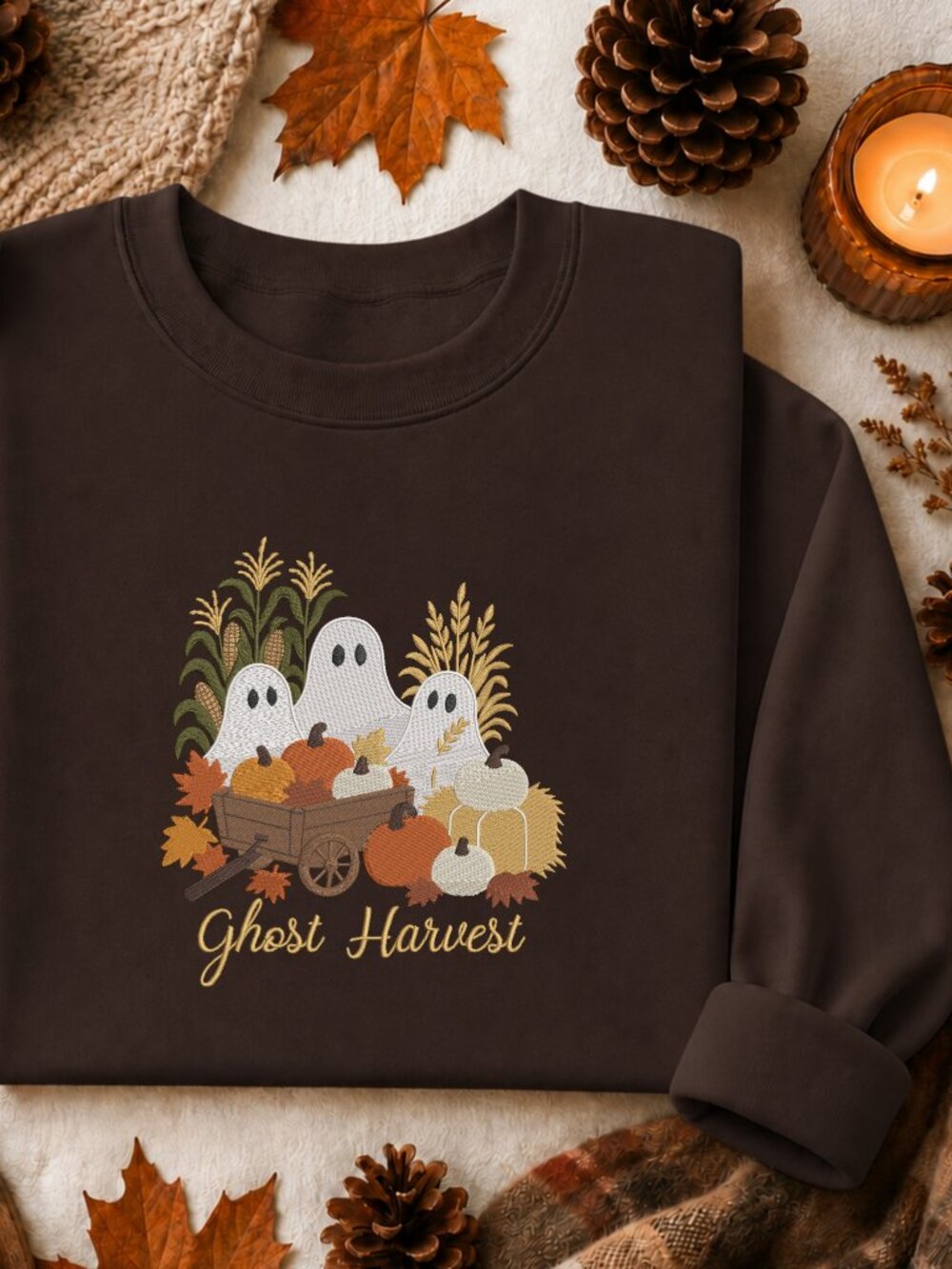 Ghost Harvest Embroidered Sweatshirt Pumpkin Fall Autumn Leaves Halloween Gift